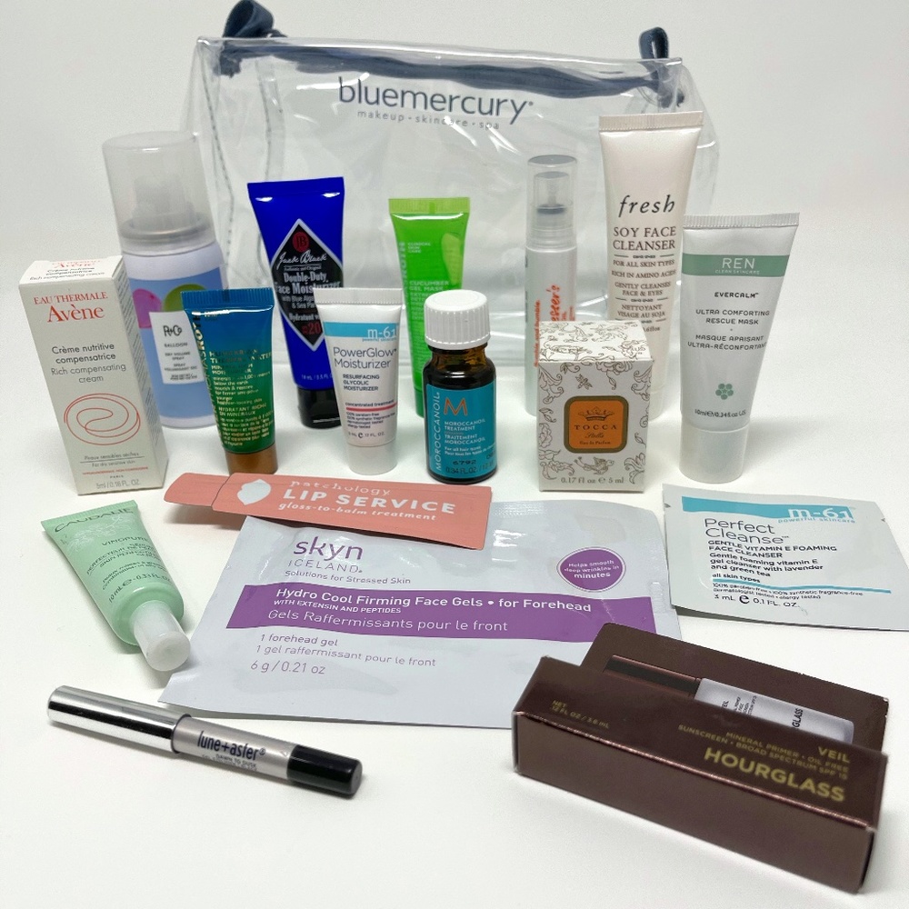 Bluemercury Clear Anniversary Bag with Ribbon w/ 17 Deluxe Luxury Samples